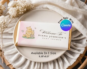 Winnie the Pooh Girl Baby Shower Chocolate Wrapper Template (Canva Editable, Printable)