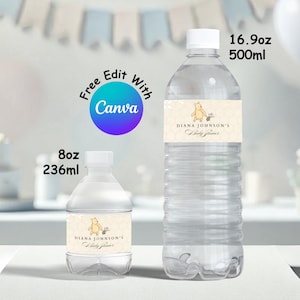 Winnie the Pooh Baby Shower Water Bottle Label, Classic Pooh Bear Gender Neutral Party Decorations, Editable and Printable Label  B1 #0058