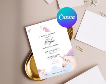 Rainbow Unicorn Birthday Invitation Template, Pastel Colors (Digital Download)