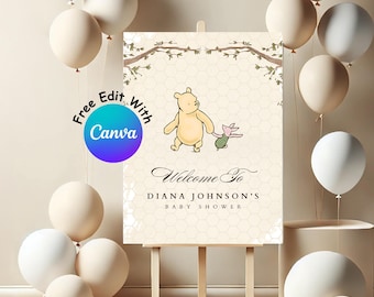 Winnie de Poeh-welkomstbord babyshower, vintage aquarel (canvasjabloon)