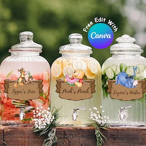 Etiquetas editables para bebidas de fiesta de Winnie the Pooh para baby shower o decoraciones de cumpleaños, ponche de Pooh, osito de Pooh clásico, descarga digital n.° 0011