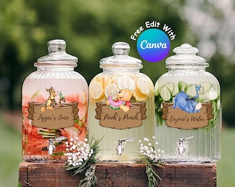 Editable Winnie the Pooh Party Drink Labels for Baby Shower or Birthday Decorations, Pooh’s Punch, Classic Pooh Bear, Digital Download #0011