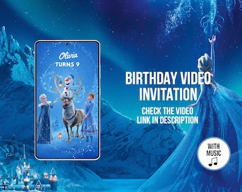 May include: A blue and white phone screen with a Frozen themed birthday invitation for Olivia turning 9. The invitation features Olaf, Sven, and Anna. The text reads "Olivia Turns 9" and "Birthday Video Invitation".