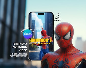 Spiderman Birthday Video Invitation, Editable Canva Kids Party Invite, Digital Download