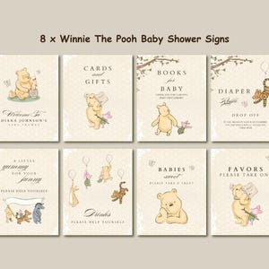 Letreros clásicos de Winnie the Pooh para baby shower, decoración vintage con globos de osito Pooh, libro de visitas con fotos y paquete de letreros para rifa de pañales, imprimible B1 #0072