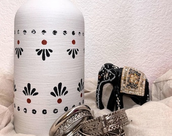 Hand-Painted Indian Vase | Textured Ceramic Stoneware Vase | Vintage Indian Folk Home Decor Bottle Plant Vase
