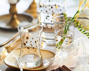 Set di 12 tazze e piattini da tè turchi con decorazioni a pois in oro 24 carati – Bicchieri tradizionali Çay