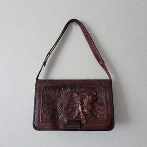VINTAGE tooled leather SHOULDER BAG purse - matador with bull - gaitan genuine leather handmade in mexico - ooak shoulder purse - as found