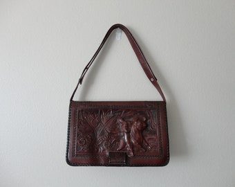 VINTAGE tooled leather SHOULDER BAG purse - matador with bull - gaitan genuine leather handmade in mexico - ooak shoulder purse - as found