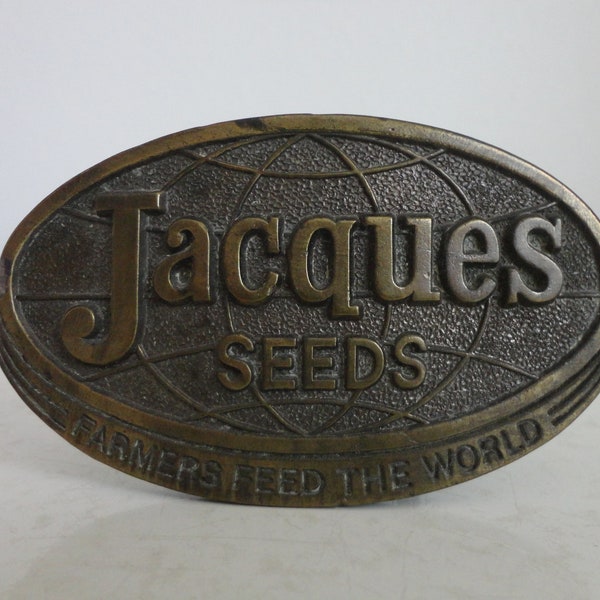 VINTAGE 1977 JACQUES seeds belt BUCKLE - farmers feed the world - jacques seed co. Prescott, Wis. - limited edition made in u.s.a.