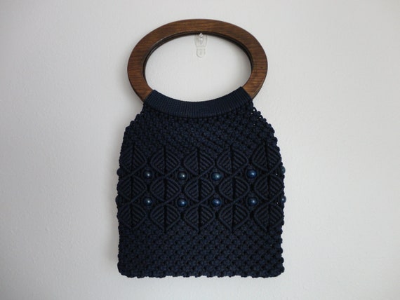 VINTAGE 70s dark blue MACRAME HANDBAG - boho hipp… - image 2