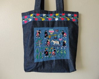 VINTAGE embroidered denim MARKET BAG - multi color embroidered panel of farm scene - oversized shoulder bag - carry all bag