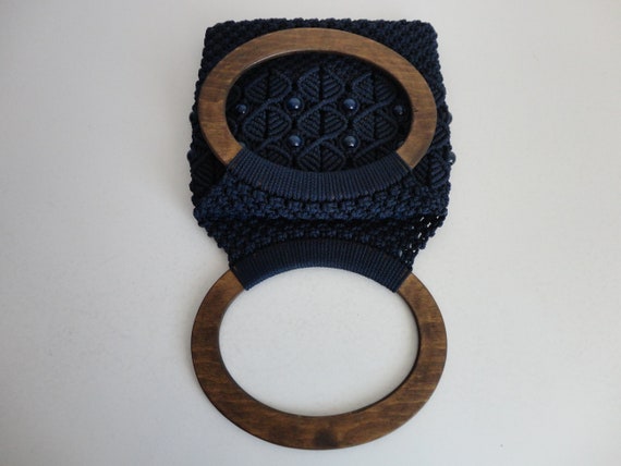 VINTAGE 70s dark blue MACRAME HANDBAG - boho hipp… - image 8