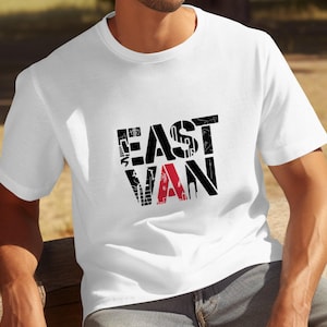 Camiseta com estampa de rua, camiseta com estampa gráfica East Van, blusa casual com tipografia ousada, camisa inspirada em Vancouver, roupa urbana da moda