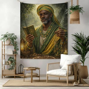 May include: A wall tapestry depicting a man in a turban and green and gold robes, holding a book and prayer beads. The artwork has a vintage aesthetic, with a warm colour palette and detailed rendering. Suitable for wall decor.