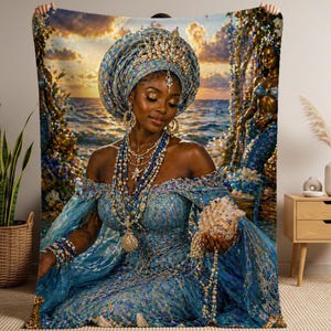 Yemaya Blanket, Mermaid Ocean Goddess Throw Blanket, Yoruba Orisha Decor, Santeria Gift, Lukumi Blanket, Spiritual Home Decor