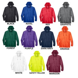 May include: A collection of hooded rain jackets in various colors, including black, royal blue, red, and graphite. Other colors are forest green, purple, dark navy, orange, white, safety yellow, and maroon. Each jacket has a zipper closure.