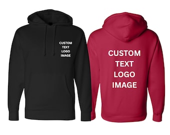 Puede incluir: Se muestran dos sudaderas con capucha, una negra y otra roja. Cada una tiene el texto blanco "CUSTOM TEXT LOGO IMAGE" impreso. Las sudaderas tienen un bolsillo delantero y una capucha.