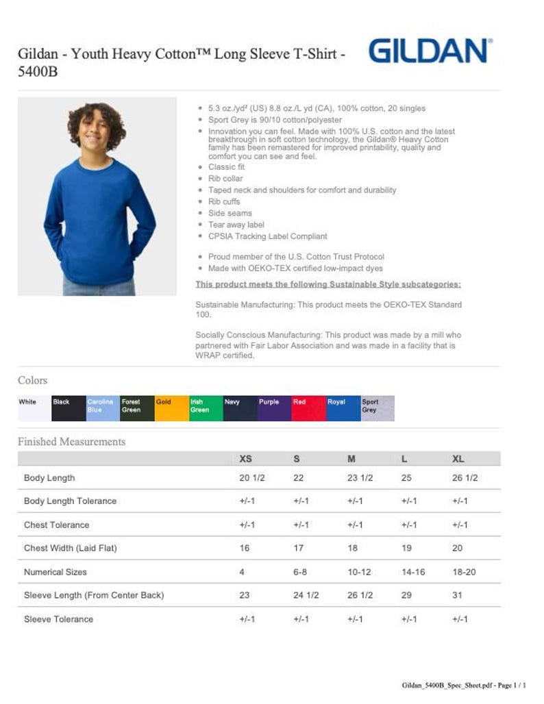 May include: A blue Gildan Youth Heavy Cotton long sleeve t-shirt, 5400B, with a classic fit, rib collar, and taped neck and shoulders. The shirt is made of 100% cotton and is available in sizes XS to XL. Measurements include body length, chest width, and sleeve length.