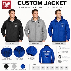 May include: A Team 365 custom jacket available in black, sport grey, and sport royal. Features include a rollaway adjustable hood, center front coil zipper, elasticized cuffs, water-resistant finish, lightweight 1.77 oz./yd² fabric, and concealed zippered pockets. Unisex fit XS-4XL.