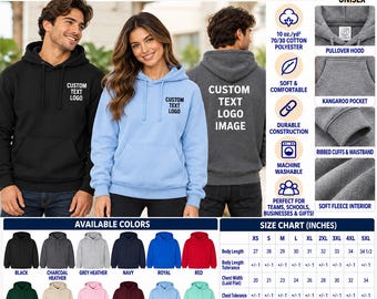 Puede incluir: Una sudadera con capucha unisex que incluye cordón ajustable, mangas largas con puños acanalados y un bolsillo tipo canguro. Disponible en varios colores, incluye una tabla de tallas con medidas en pulgadas.