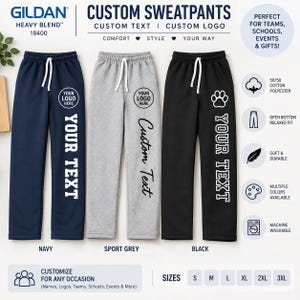 May include: Three pairs of Gildan 18400 Heavy Blend sweatpants in navy, sport grey, and black. Each pair features a white drawstring waist, a circular logo placeholder, and vertical text reading YOUR TEXT or Custom Text in white ink.