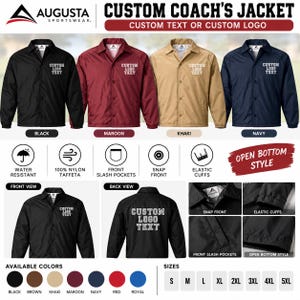 May include: A collection of custom coach's jackets in black, maroon, khaki, and navy. Features include a snap front, elastic cuffs, front slash pockets, and water-resistant nylon taffeta fabric. The jackets display custom logo text on the chest and back.