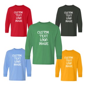 May include: A collection of long-sleeve shirts in various colors: red, green, blue, yellow, and dark green. Each shirt features the text "CUSTOM TEXT LOGO IMAGE" in white, suitable for custom designs or branding.