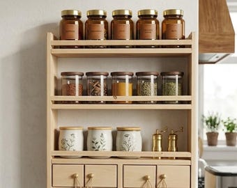 Organizador de pared rústico para cocina con cajones, ganchos para tazas y espacio para especias.
