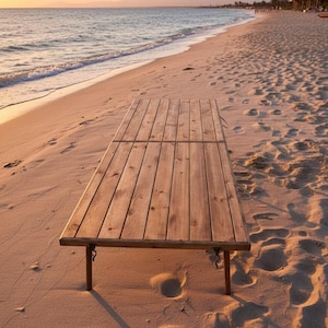 May include: A wooden folding table with a light brown finish sits on a sandy beach. The table is rectangular and has a slatted top. The beach is near the ocean, with the sun setting in the background.