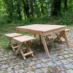 Handmade Foldable Camp Table with 4 Stools: Natural Pine Wood Picnic Set