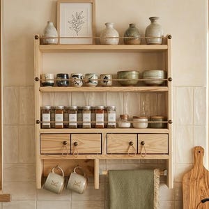Farmhouse Spice Rack Wall Shelf with Drawers and Mug Holder