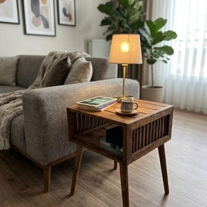 Wooden Nightstand, Bedside Table, Slatted Side Table, Mid Century Nightstand, Boho Bedroom Furniture, Wood Bedside Cabinet