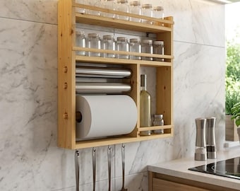 Farmhouse Spice Rack with Paper Towel Holder, Foil Dispenser, Wall Organizer 19.7x23.6 Inches