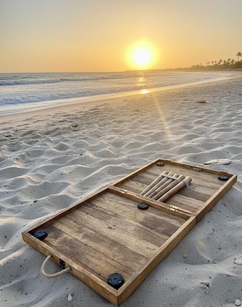 May include: A wooden backgammon set with a light brown finish, open on a sandy beach. The set includes wooden game pieces and black corner accents. The background features a sunset over the ocean.