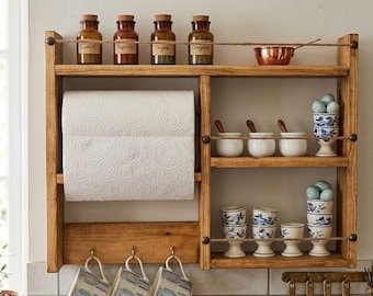 Könnte beinhalten: Ein Küchenregal aus Holz mit einer Papierhandtuchrolle, Gewürzgläsern mit der Aufschrift "Cumin", "Paprika", "Thyme" und "Oregano" und drei Tassen, die darunter hängen. Das Regal enthält auch kleine weiße Schalen, blau-weiße Eierbecher und einen kleinen Kupfertopf.