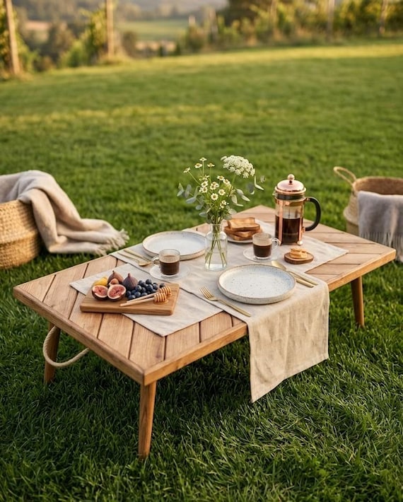 Klappbarer Picknicktisch aus Holz – Tragbarer niedriger Tisch 44 x 22 Zoll, handgefertigt