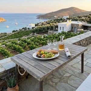 May include: A rectangular wooden table with rope handles on the sides, holding a platter of fresh figs, grapes, and a baguette, alongside two clear wine glasses, a glass carafe of amber liquid, and a rolled linen napkin on a stone patio.