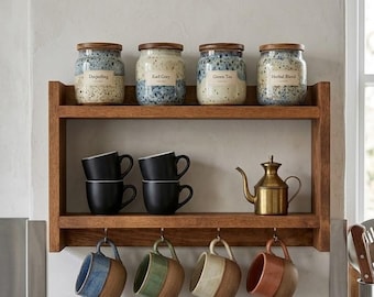 Puede incluir: Un estante de pared de madera de dos niveles con cuatro tarros de cerámica moteada con tapas de madera etiquetados como Darjeeling, Earl Grey, Green Tea y Herbal Blend. Debajo hay cuatro tazas negras, una tetera de latón y cuatro tazas colgantes en azul, verde, crema y terracota.