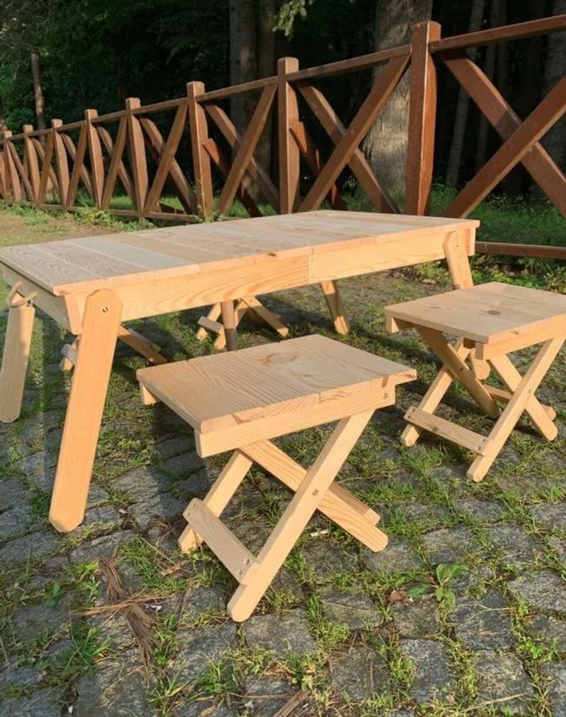 Tree Fold Table Handmade Foldable Pine Picnic Table Set – Rustic Camp Table With 4 ...