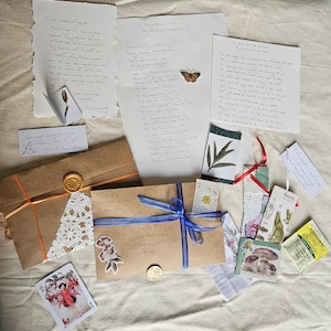 Flacher individueller handgeschriebener Brief mit Wachssiegel und zauberhaftem Paket, Kalligraphie, Handschrift, Liebesbrief, Gelübde, Weihnachten, Briefschreiben