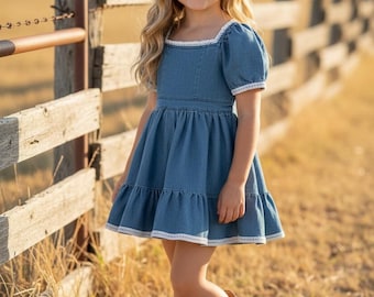 Vestido vaquero azul de corte amplio con bajo de encaje blanco. DRG60290