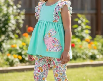 Mint tunic with Easter bunny applique & floral bottoms. OFG60125