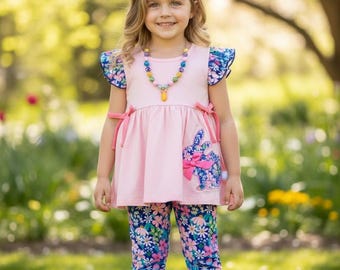 Coral Easter bunny applique tunic & floral bell bottoms.OFG60225