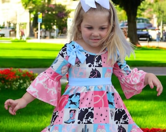 Western Patch Print Girls Dress: Cow Print Hem, Bow Detail
