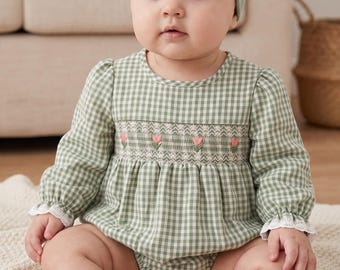 Cameo green Plaid and smocked baby romper with embroidered flowers