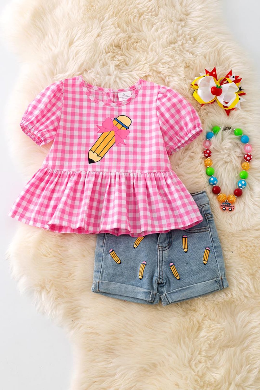 Check Top Pink Mini Pink Checkered Top With Pencil Applicant and Matching Denim Shorts. - Etsy