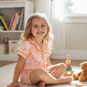 Peut inclure: Une jeune enfant porte un pyjama p&ecirc;che avec un motif de lapin et de carotte. Le haut &agrave; manches courtes et le short ont une bordure orange. L'enfant est assis sur un tapis blanc avec des jouets &agrave; proximit&eacute;, dont un ours en peluche et des blocs de bois.