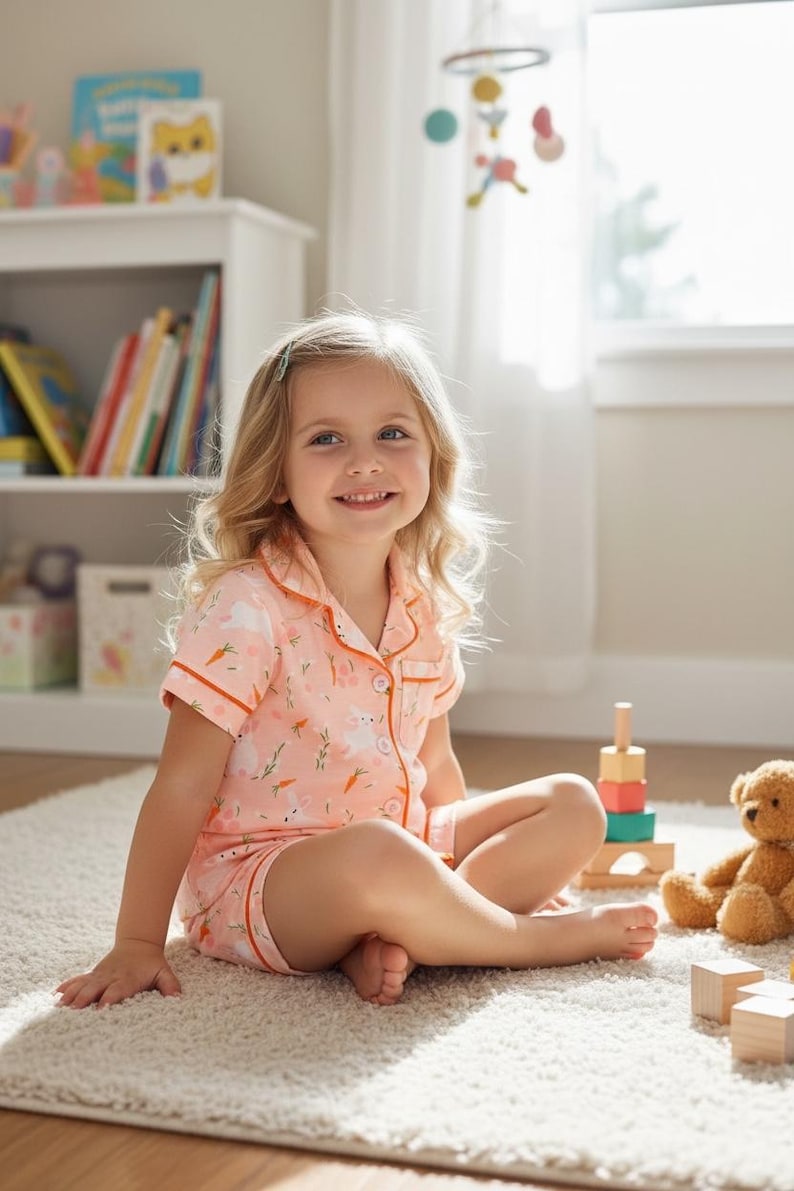 Peut inclure: Une jeune enfant porte un pyjama p&ecirc;che avec un motif de lapin et de carotte. Le haut &agrave; manches courtes et le short ont une bordure orange. L'enfant est assis sur un tapis blanc avec des jouets &agrave; proximit&eacute;, dont un ours en peluche et des blocs de bois.