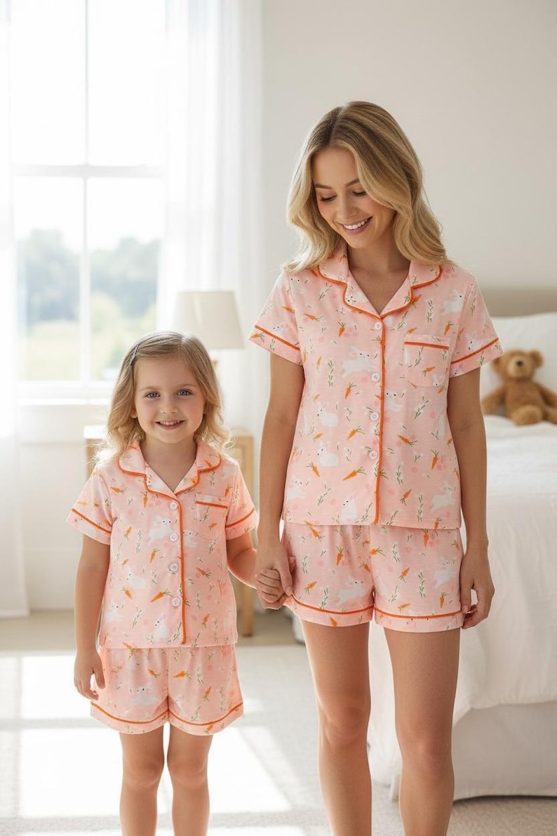 Peut inclure: Ensembles de pyjamas roses assortis avec un motif de lapin et de carottes. Les ensembles comprennent une chemise boutonn&eacute;e &agrave; manches courtes et un short, bord&eacute;s d'un passepoil orange. Une femme et un enfant portent les pyjamas.